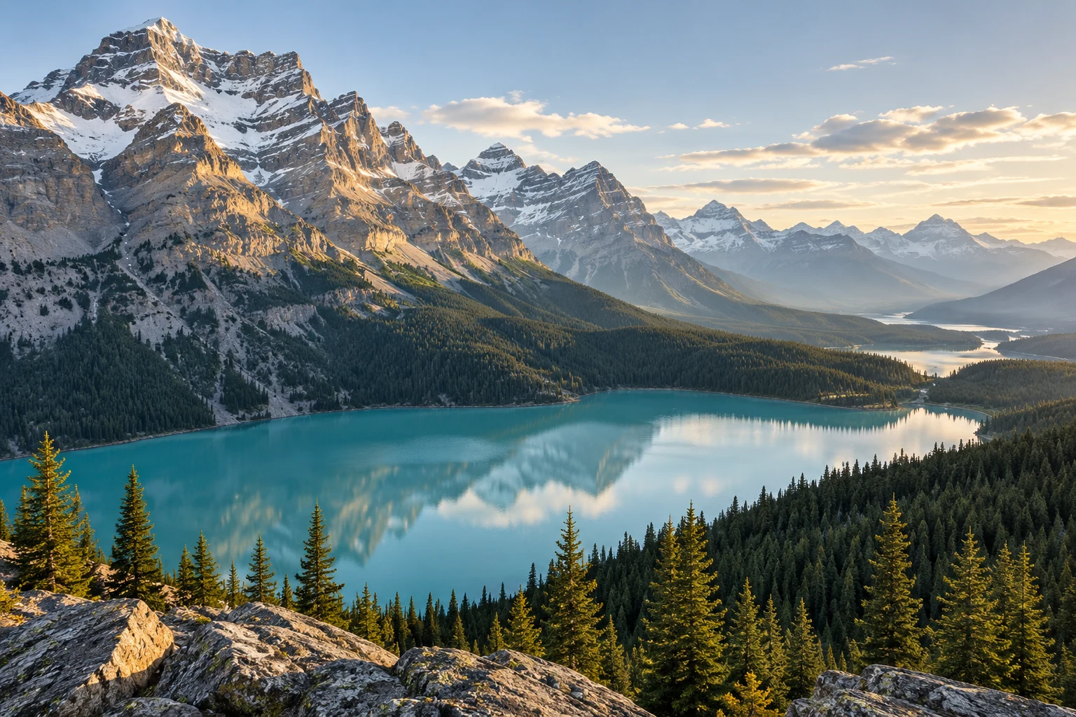 An alpine lake surrounded by Alberta’s Rocky Mountains
